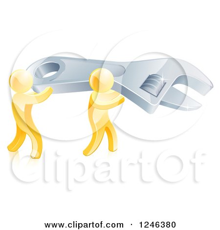 Clipart of 3d Gold Men Carrying a Huge Spanner Wrench - Royalty Free Vector Illustration by AtStockIllustration