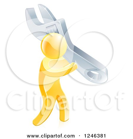 Clipart of a 3d Gold Man Carrying a Huge Spanner Wrench - Royalty Free Vector Illustration by AtStockIllustration