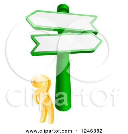 Clipart of a 3d Gold Man Looking up at Crossroads Signs - Royalty Free Vector Illustration by AtStockIllustration