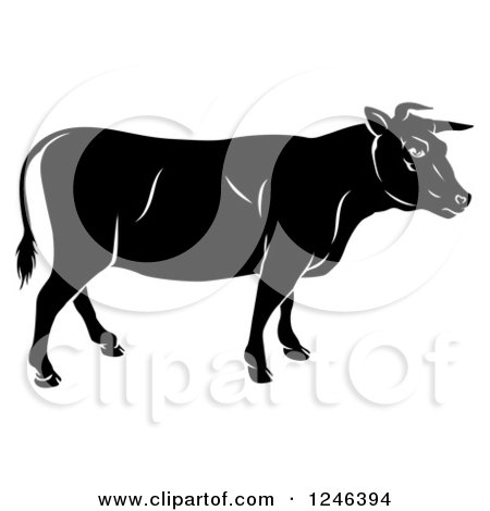 Clipart of a Black Silhouetted Cow in Profile - Royalty Free Vector Illustration by AtStockIllustration