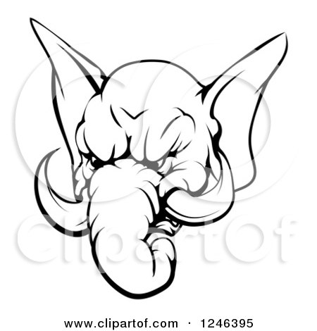 Clipart of a Black and White Aggressive Elephant Mascot Head - Royalty Free Vector Illustration by AtStockIllustration