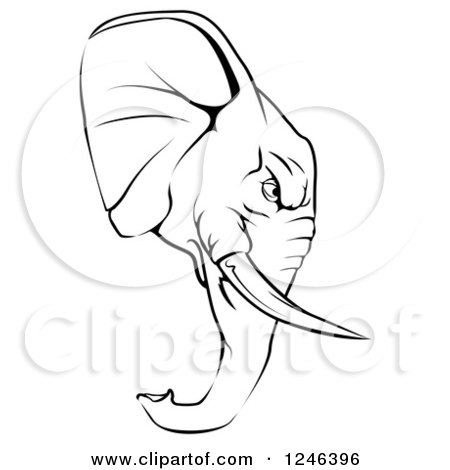 Clipart of a Black and White Aggressive Elephant Mascot Head in Profile - Royalty Free Vector Illustration by AtStockIllustration