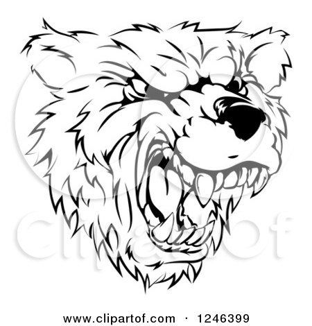Clipart of a Black and White Roaring Aggressive Bear Mascot Head - Royalty Free Vector Illustration by AtStockIllustration