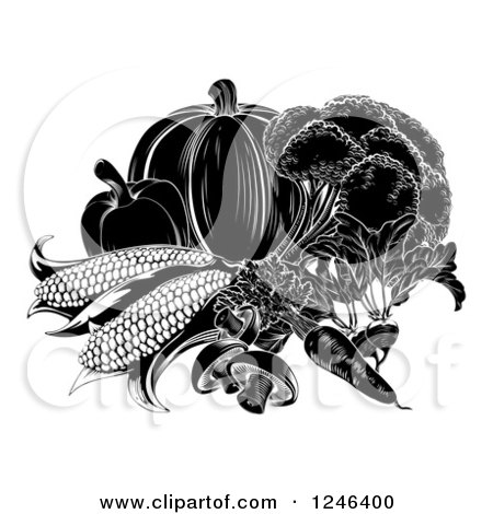 Clipart of Black and White Vegetables - Royalty Free Vector Illustration by AtStockIllustration