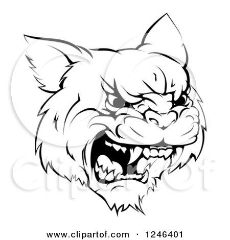 Clipart of a Black and White Roaring Aggressive Bobcat Mascot Head - Royalty Free Vector Illustration by AtStockIllustration