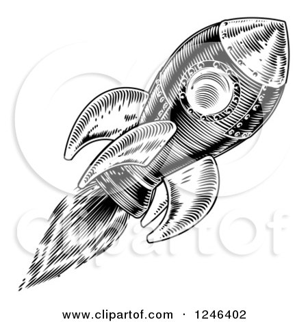 Clipart of a Black and White Flying Rocket - Royalty Free Vector Illustration by AtStockIllustration
