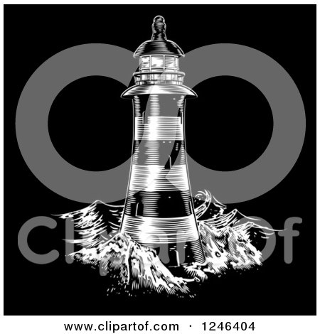 Clipart of an Engraved Lighthouse on Black - Royalty Free Vector Illustration by AtStockIllustration