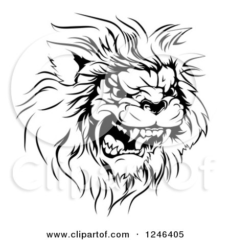 Clipart of a Black and White Roaring Aggressive Lion Mascot Head - Royalty Free Vector Illustration by AtStockIllustration