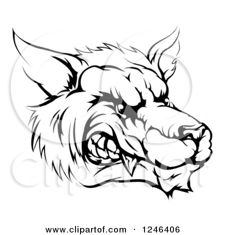 Clipart of a Black and White Snarling Aggressive Wolf Mascot Head - Royalty Free Vector Illustration by AtStockIllustration