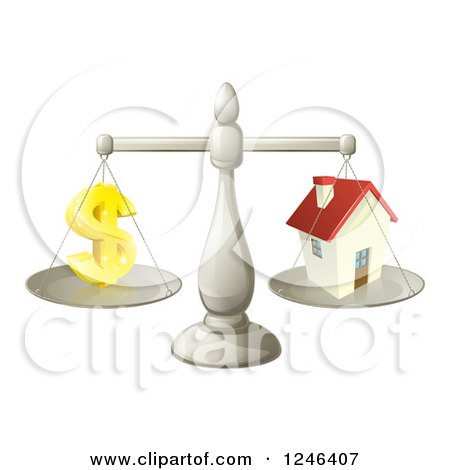 Clipart of a 3d Scale Comparing a Dollar Currency Symbol and a House - Royalty Free Vector Illustration by AtStockIllustration