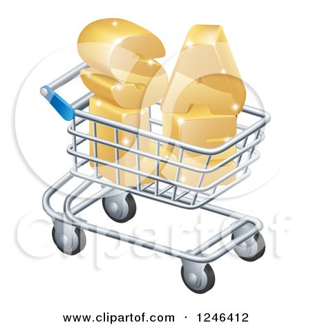 Clipart of a 3d Shopping Cart with Golden SALE Inside - Royalty Free Vector Illustration by AtStockIllustration