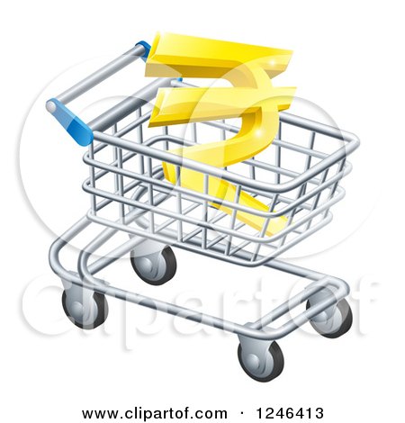 Clipart of a 3d Gold Rupee in a Shopping Cart - Royalty Free Vector Illustration by AtStockIllustration