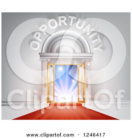 Clipart of OPPORTUNITY over Open Doors with Light and a Red Carpet - Royalty Free Vector Illustration by AtStockIllustration