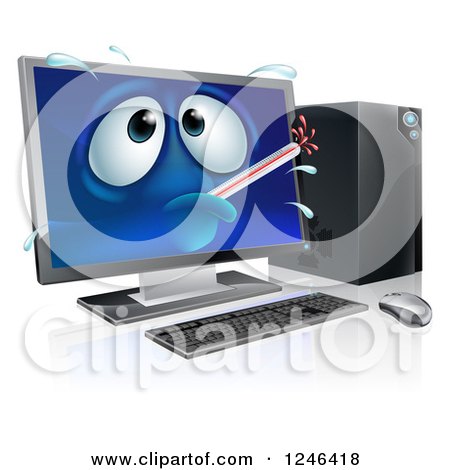Clipart of a 3d Sick Computer Character with a Fever - Royalty Free Vector Illustration by AtStockIllustration