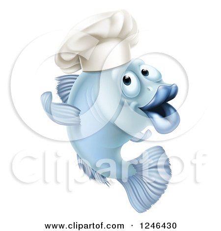 Clipart of a Cartoon Blue Chef Fish Gesturing - Royalty Free Vector Illustration by AtStockIllustration