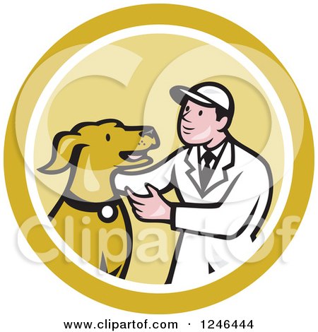 Clipart of a Retro Cartoon Male Veterinarian Kneeling and Looking at a Dog in a Circle - Royalty Free Vector Illustration by patrimonio