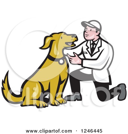 Clipart of a Retro Cartoon Male Veterinarian Kneeling and Looking at a Dog - Royalty Free Vector Illustration by patrimonio