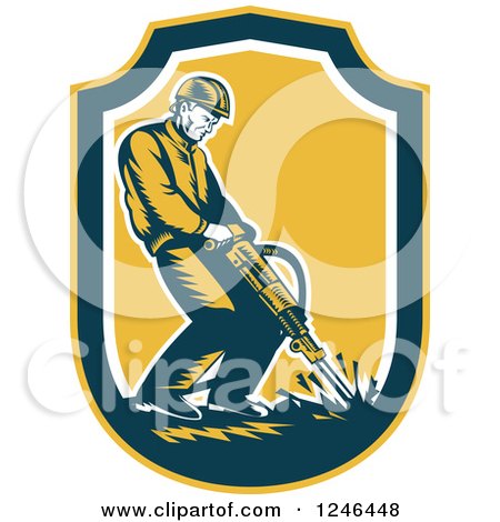 Clipart of a Retro Male Construction Worker Operating a Jackhammer in a Shield - Royalty Free Vector Illustration by patrimonio