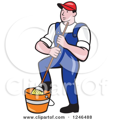 Clipart of a Cartoon Male Janitor with a Mop and Bucket - Royalty Free Vector Illustration by patrimonio