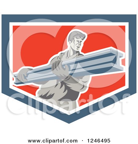 Clipart of a Retro Male Construction Worker Carrying a Beam in a Shield - Royalty Free Vector Illustration by patrimonio