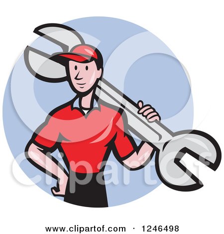 Clipart of a Cartoon Male Mechanic with a Giant Spanner Wrench in a Blue Circle - Royalty Free Vector Illustration by patrimonio