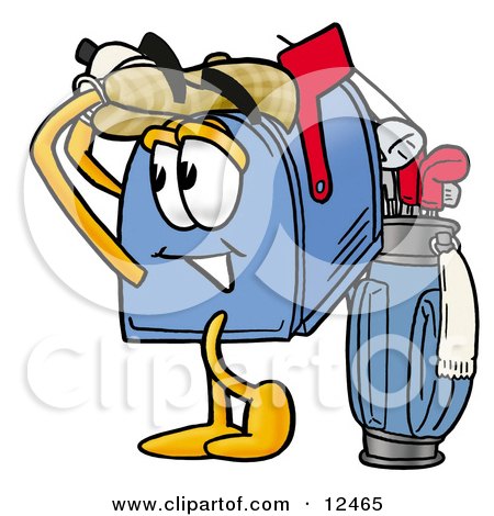 Clipart Picture of a Blue Postal Mailbox Cartoon Character Swinging His Golf Club While Golfing by Mascot Junction