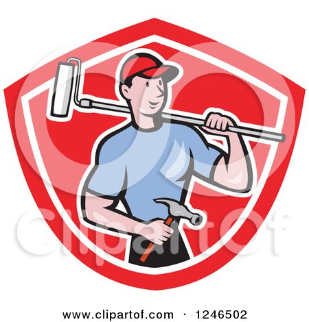 Clipart of a Cartoon Male Handyman with a Roller Paint Brush and Hammer in a Shield - Royalty Free Vector Illustration by patrimonio