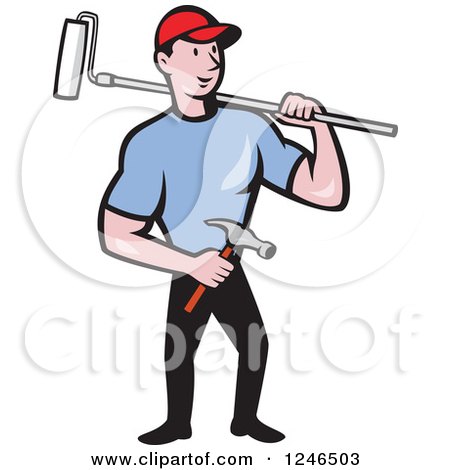Clipart of a Cartoon Male Handyman with a Roller Paint Brush and Hammer - Royalty Free Vector Illustration by patrimonio
