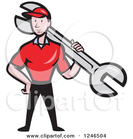 Clipart of a Cartoon Male Mechanic with a Giant Spanner Wrench - Royalty Free Vector Illustration by patrimonio