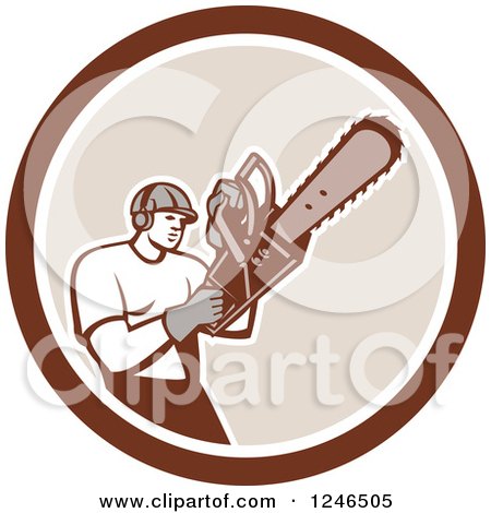 Clipart of a Retro Male Arborist Operating a Chainsaw in a Circle - Royalty Free Vector Illustration by patrimonio