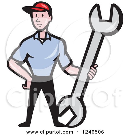 Clipart of a Cartoon Male Mechanic Standing with a Giant Spanner Wrench - Royalty Free Vector Illustration by patrimonio