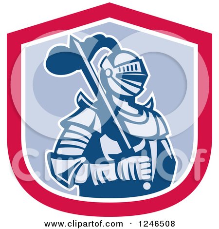 Clipart of a Retro Knight in Armour, with a Sword Inside a Shield - Royalty Free Vector Illustration by patrimonio