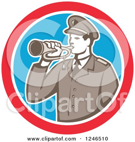 Clipart of a Retro Military Soldier with a Bugle in a Circle - Royalty Free Vector Illustration by patrimonio