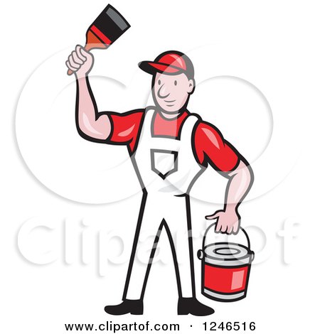 Clipart of a Cartoon Male Painter with a Roller Brush and Bucket - Royalty Free Vector Illustration by patrimonio