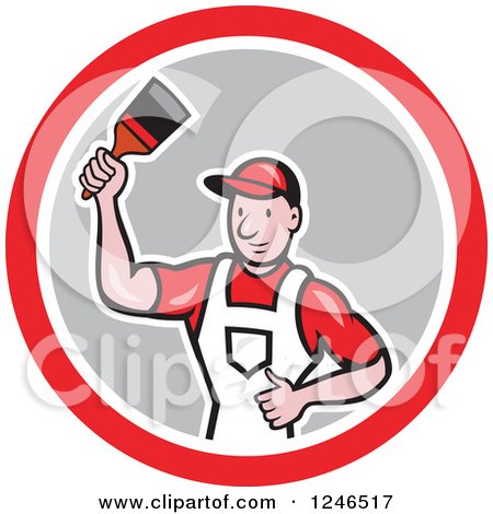 Clipart of a Cartoon Male Painter with a Roller Brush and Bucket in a Circle - Royalty Free Vector Illustration by patrimonio
