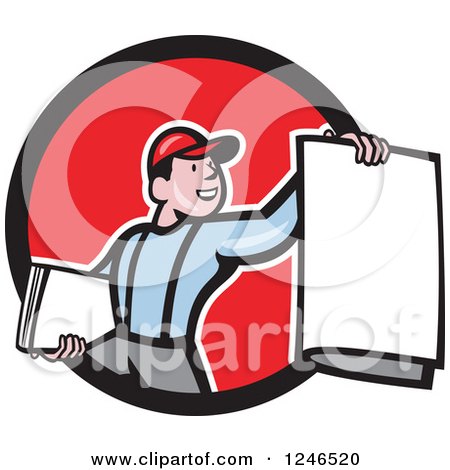 Clipart of a Cartoon Newspaper Boy Holding One out from a Circle - Royalty Free Vector Illustration by patrimonio