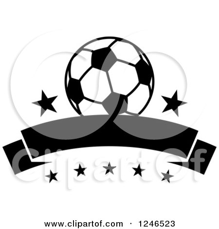 Clipart of a Black and White Soccer Ball over a Banner and Stars - Royalty Free Vector Illustration by Vector Tradition SM