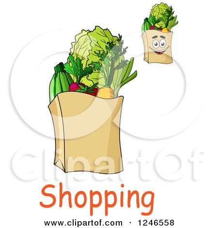 Clipart of Paper Grocery Bags with Shopping Text - Royalty Free Vector Illustration by Vector Tradition SM