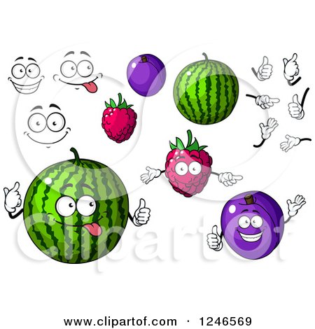 Clipart of Watermelon Raspberry and Plum Fruit Characters - Royalty Free Vector Illustration by Vector Tradition SM