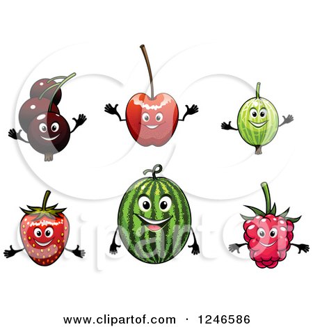 Clipart of Currant, Cherry, Watermelon, Strawberry and Raspberry Fruit Characters - Royalty Free Vector Illustration by Vector Tradition SM