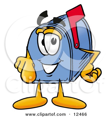 Clipart Picture of a Blue Postal Mailbox Cartoon Character Pointing at the Viewer by Mascot Junction