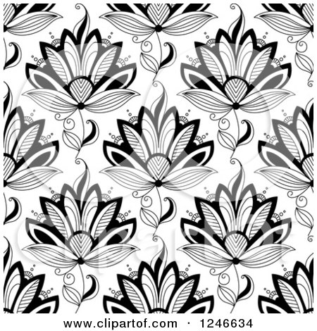 Clipart of a Seamless Black and White Henna Flower Pattern 5 - Royalty Free Vector Illustration by Vector Tradition SM