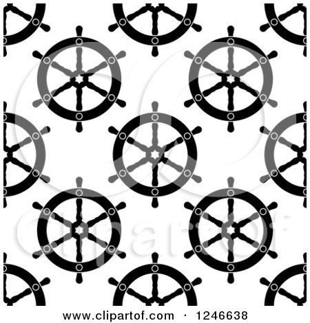 Clipart of a Seamless Pattern Background of Black and White Ship Helm Steering Wheels - Royalty Free Vector Illustration by Vector Tradition SM