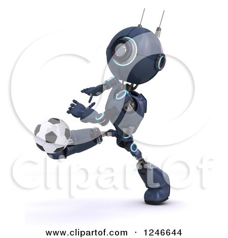 Clipart of a 3d Blue Android Robot Playing Soccer - Royalty Free Illustration by KJ Pargeter