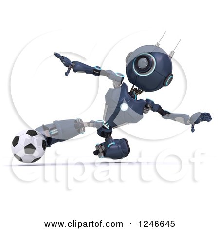 Clipart of a 3d Blue Android Robot Playing Soccer 2 - Royalty Free Illustration by KJ Pargeter