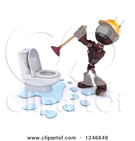 Clipart of a 3d Red Android Robot Plumber Plunging a Toilet - Royalty Free Illustration by KJ Pargeter