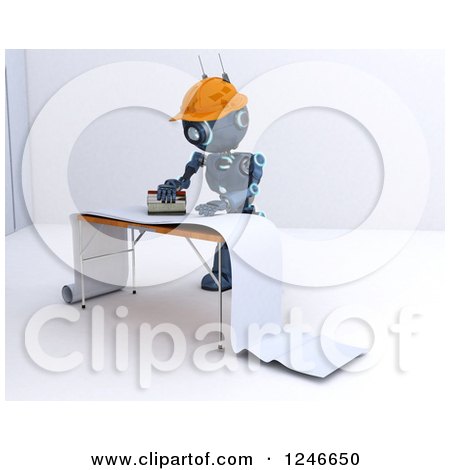 Clipart of a 3d Blue Construction Android Robot Preparing Wallpaper - Royalty Free Illustration by KJ Pargeter