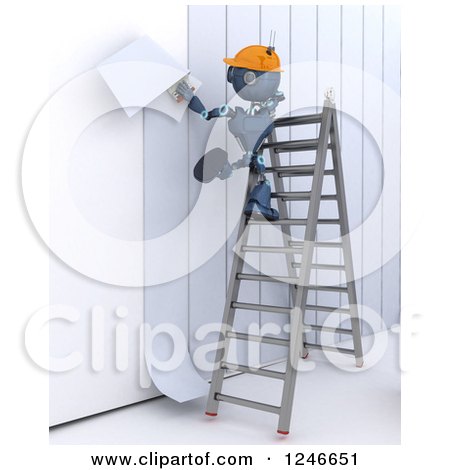 Clipart of a 3d Blue Construction Android Robot Applying Wallpaper - Royalty Free Illustration by KJ Pargeter