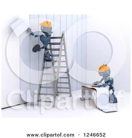 Clipart of 3d Blue Construction Android Robots Applying Wallpaper - Royalty Free Illustration by KJ Pargeter