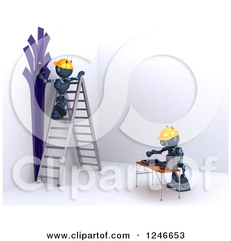 Clipart of 3d Blue Android Robots Painting a Room - Royalty Free Illustration by KJ Pargeter